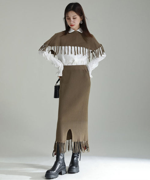 Fringe Knit Cape & Skirt Co-ord